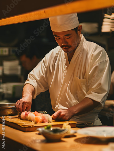 Chef preparing sushi japanese restaurant culinary art cozy atmosphere close-up view culinary mastery