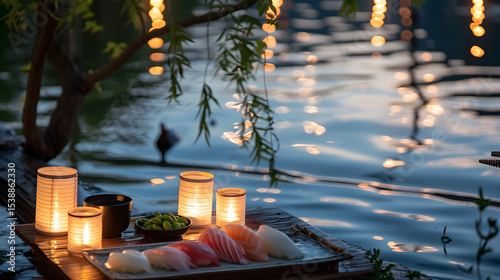 Sushi dining experience by the water scenic riverside food photography evening ambiance relaxed setting