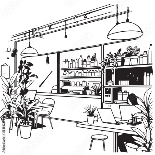 Coffee shop workspaces concept black and white vector illustration.