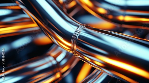 An abstract representation of intertwining shiny metal tubes reflecting glowing lights, symbolizing connectivity and the complexity of modern technology and engineering.