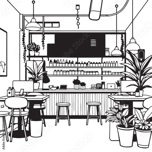Coffee shop workspaces concept black and white vector illustration.