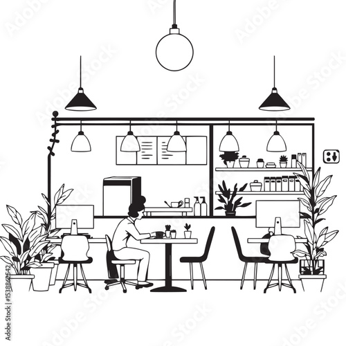 Coffee shop workspaces concept black and white vector illustration.