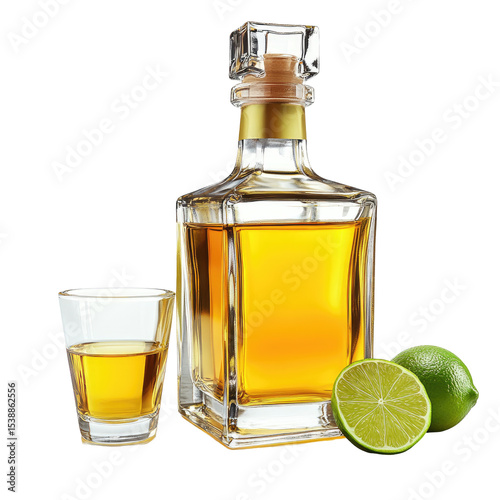 Bottle and Shot Glass of Golden Tequila with Lime Slice Isolated on White Background photo