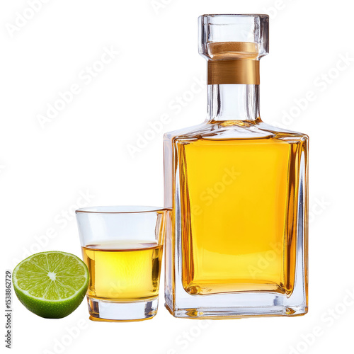 Bottle and Shot Glass of Golden Tequila with Lime Slice Isolated on White Background photo