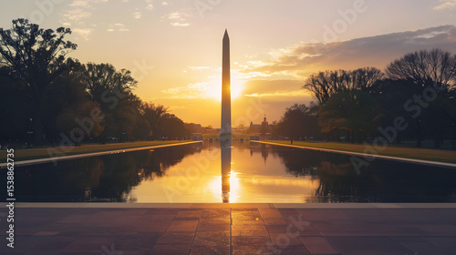 Sunset reflection at washington monument d.C. Landscape photography urban environment serene viewpoint