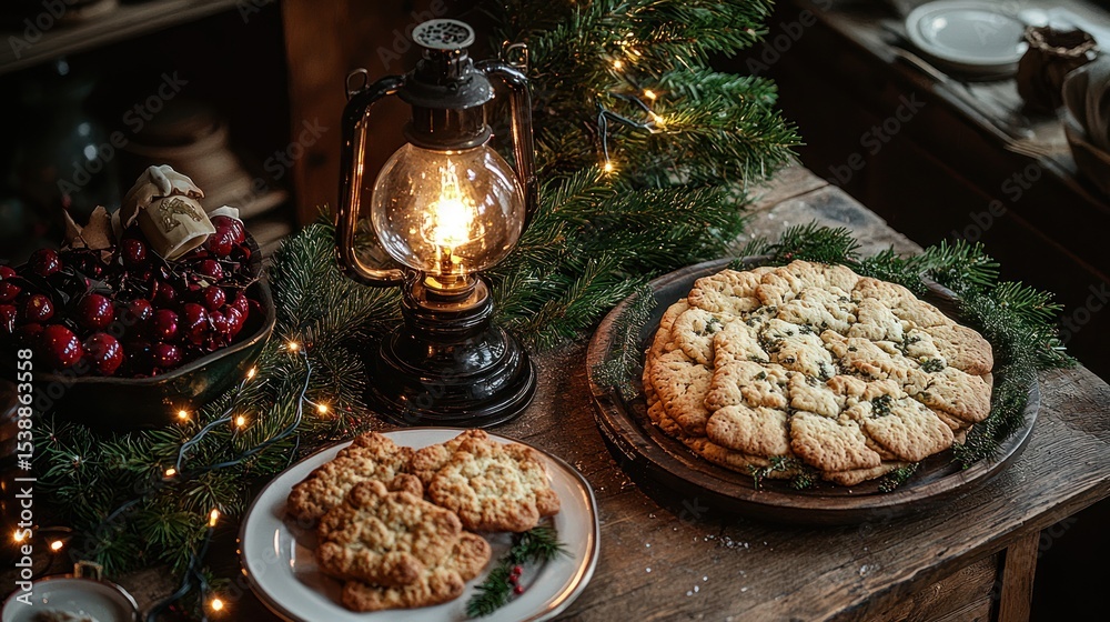 Fototapeta premium Festive Christmas table with baked goods and a vintage lantern