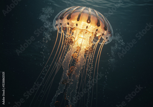 Mechanical steampunk jellyfish, brass and copper body, gears and cogs inside, steam bubbles rising, intricate machinery