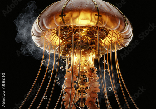 Mechanical steampunk jellyfish, brass and copper body, gears and cogs inside, steam bubbles rising, intricate machinery