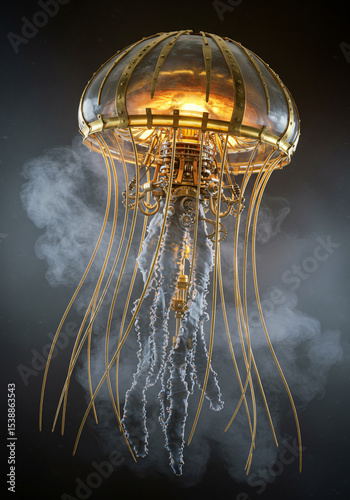 Mechanical steampunk jellyfish, brass and copper body, gears and cogs inside, steam bubbles rising, intricate machinery