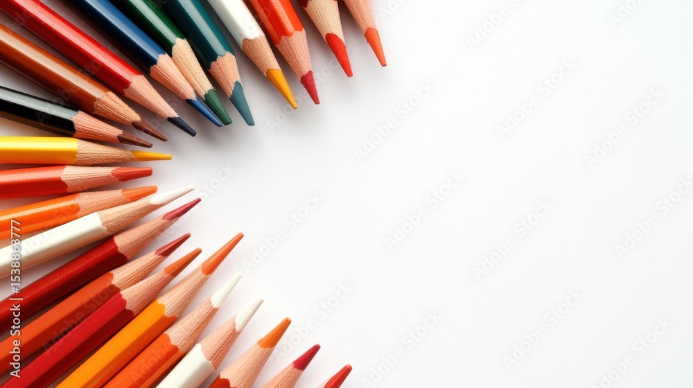 A vibrant arrangement of colored pencils neatly placed in a circular pattern, ready to inspire creativity and artistic expression on a pure white background. A vibrant arrangement of colored pencils neatly placed in a circular pattern, ready to inspire creativity and artistic expression on a pure white background.