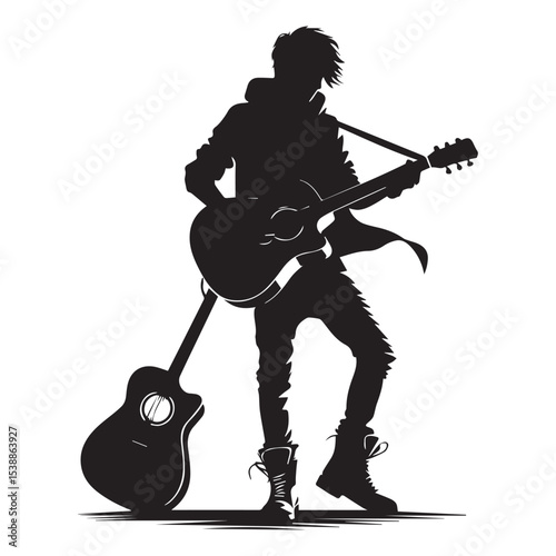 silhouette of a person playing music with a guitar, a vector image that can be edited