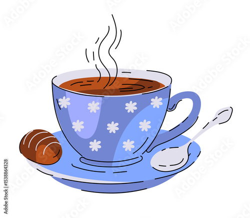 Blue cup on a saucer with hot tea or coffee. On the saucer lies a spoon and chocolate. Cute cup with flowers and steam. Vector illustration, isolated on a white background. Cartoon 