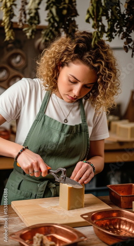 Artisan hands slicing block of natural handmade soap bar
