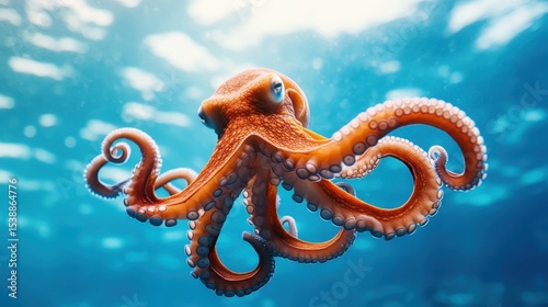 An enchanting underwater scene featuring a vibrant octopus swimming with elegance in the clear blue ocean waters, showcasing marine beauty and intelligence.
