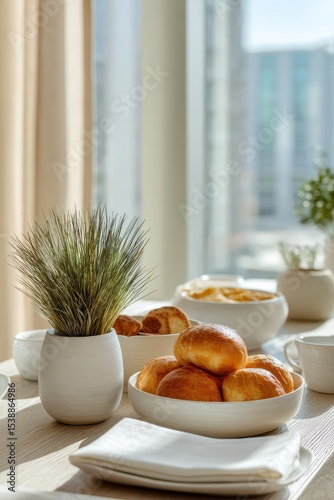 Wallpaper Mural Modern Breakfast Table Setup with Fresh Bread and Greenery Torontodigital.ca