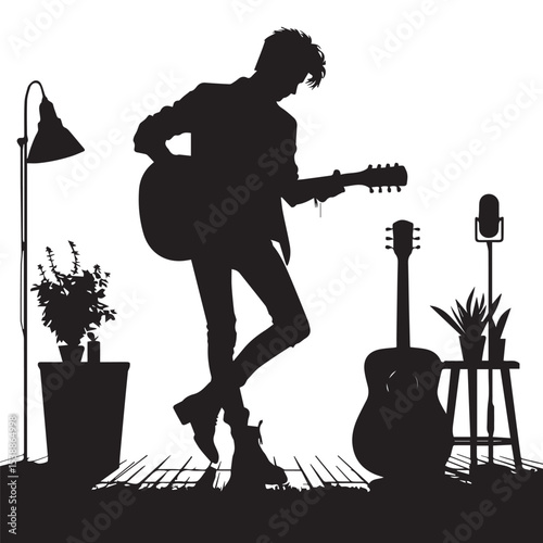 silhouette of a person playing music with a guitar, a vector image that can be edited