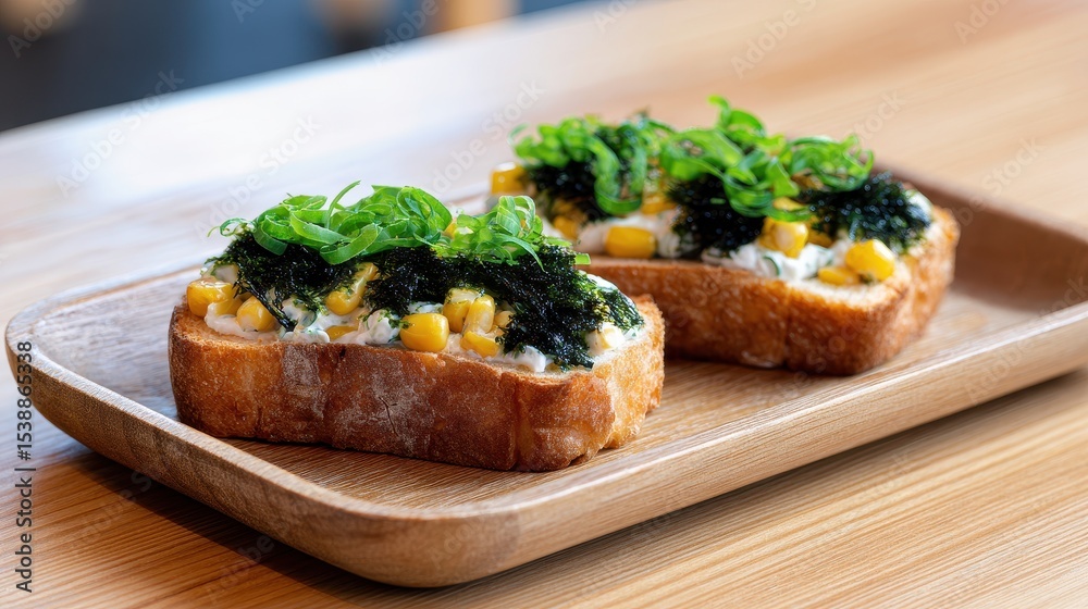 Japanese Fusion Toast with Seaweed, Mayo, and Corn Garnish Japanese Fusion Toast with Seaweed, Mayo, and Corn Garnish