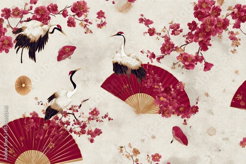 Japanese textile pattern with traditional spring motifs and gold accents
