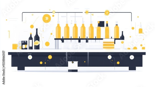 An illustration depicts a stylized bottling and packaging line for beverages, showcasing the process from filling to labeling, with a minimalist design featuring a dark table and yellow-gold bottles