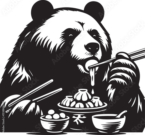 Adorable Panda Bear Enjoying a Delicious Bowl of Noodles Graphic Design