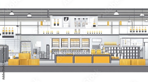 A detailed illustration of a spacious liquor store interior, featuring extensive shelving stocked with various bottles, a central counter with yellow accents, and packaging in the background
