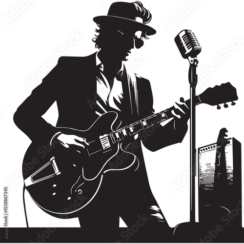 silhouette of a person playing music with a guitar, a vector image that can be edited