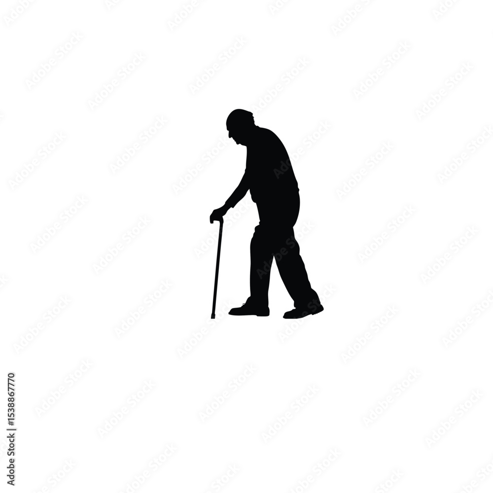 Naklejka premium old man with cane walking silhouette on white background
