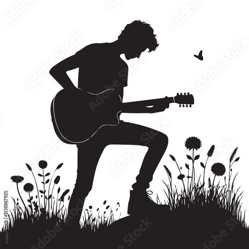 silhouette of a person playing music with a guitar, a vector image that can be edited