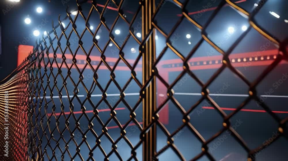 Close-up view of a black chain-link fence, behind the fence is lights and a competition area.