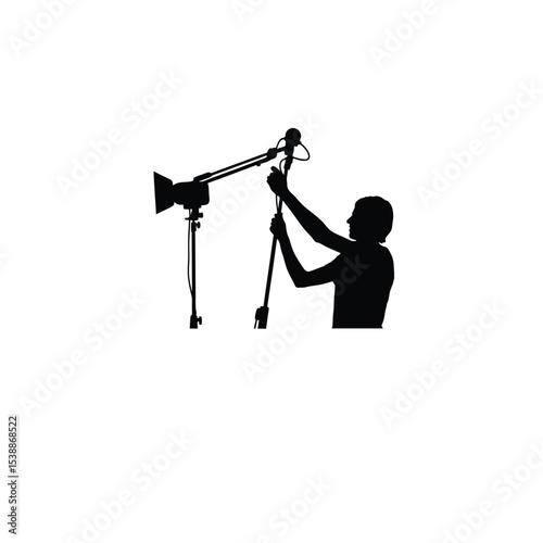 person adjusting microphone silhouette on white background