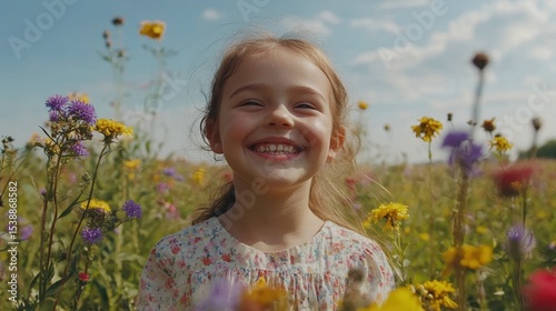 Happy Child in Wildflower Meadow  Summer Joy