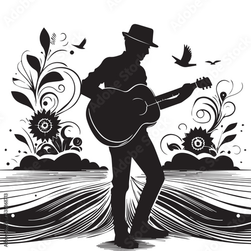 silhouette of a person playing music with a guitar, a vector image that can be edited