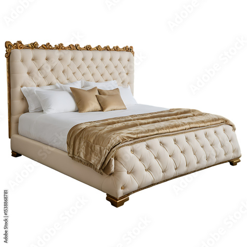 A classic luxury bed with button-tufted headboard gold leaf detailing and elegant throw blankets transparent background