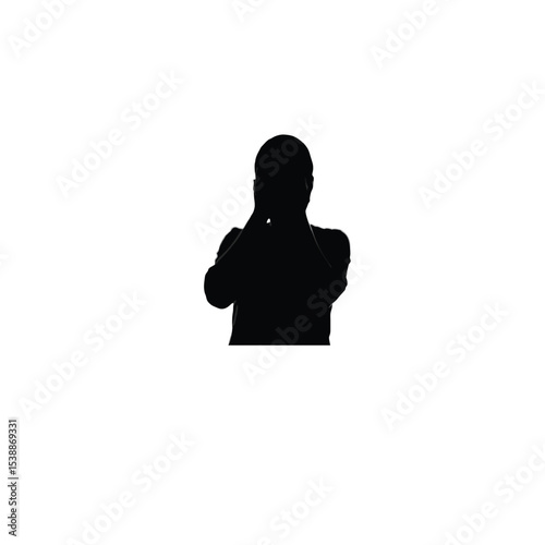 person covering face with hands silhouette on white background