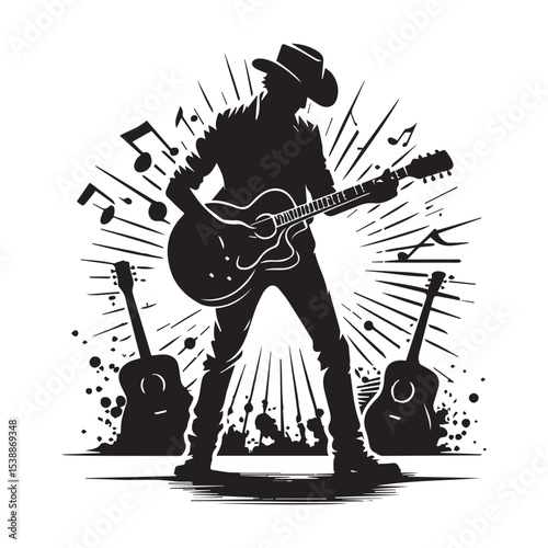 silhouette of a person playing music with a guitar, a vector image that can be edited