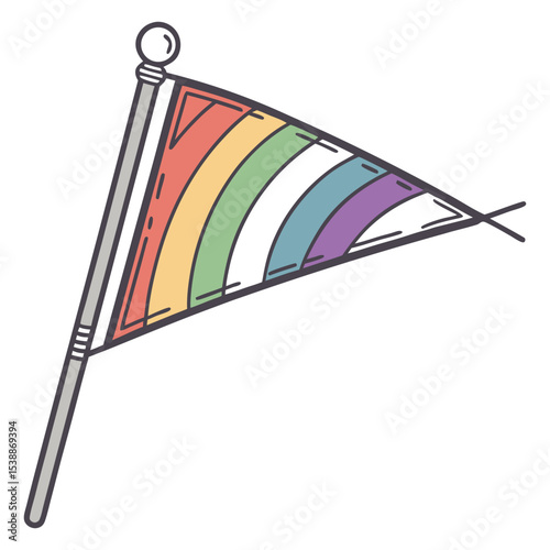 Rainbow Pride Flag Pennant on Grey Pole Hand Drawn Illustration Pastel Colors L G B T Q I A