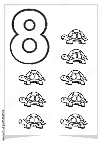 Number 8 coloring page with eight outlined turtles, ideal for kids' educational and creative activities. Vector coloring page. for childrens.