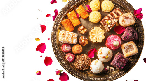 Overhead view of assorted Indian sweets in a decorative brass tray with rose petals scattered isolated on transparent background 