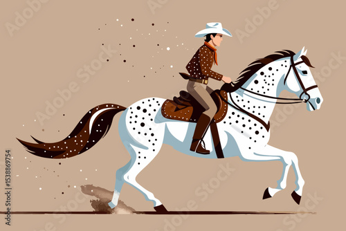 Cowboy Rides a Dotted Horse - Western Illustration - Horseback Riding Art - Vintage Cowboy Style - Equestrian Theme - Horse and Rider Graphic