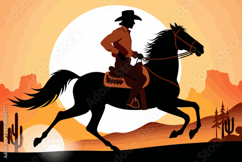 Cowboy Riding Horse at Sunset - Western Scene with Desert Landscape - Silhouette of Rider and Horseback Riding - Wild West Illustration
