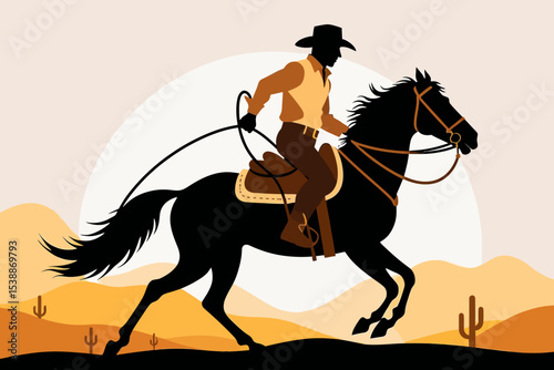 Cowboy Riding Horse Silhouette - Western Theme Illustration - Desert Landscape Art - Equestrian Style Graphic- Ranch Life and Rodeo Spirit Design- American West Scene