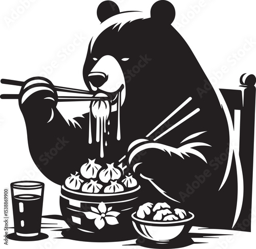 Adorable Panda Bear Enjoying a Delicious Bowl of Noodles Graphic Design