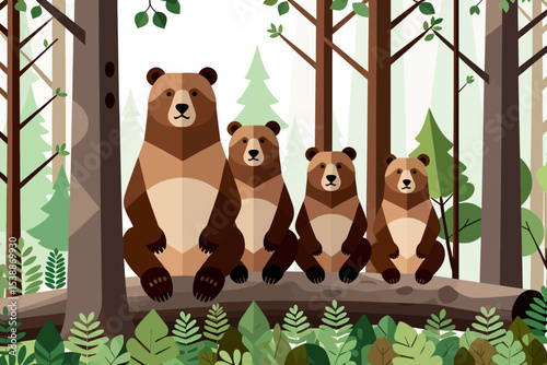 Cute Bear Family in Forest Illustration- Cartoon Bears Sitting on Log- Woodland Animal Art for Kids- Nature and Wildlife Design- Educational Graphics for Children
