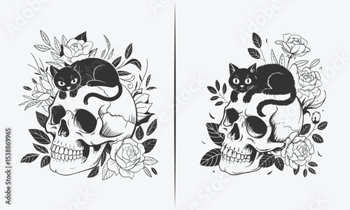  Black Cat Lying on Skull Surrounded by Roses, Vintage Gothic Tattoo Style, Black and White Illustration