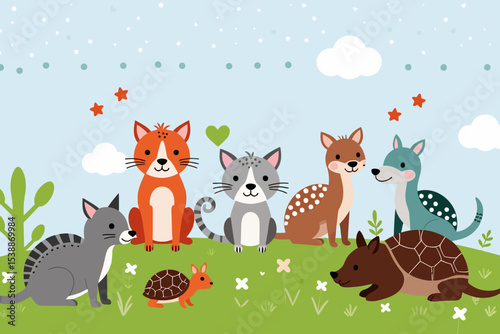 Cute Cartoon Animals Illustration - Cats Deer Armadillo Turtle - Playful Wildlife Scene for Kids - Colorful Animal Artwork for Children