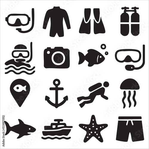 Scuba Diving and Underwater Exploration Icon Set with Various Equipment.