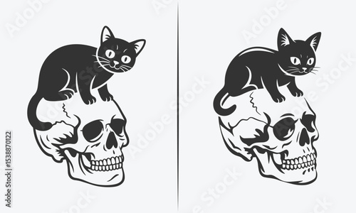 Black Cat Sitting on a Skull, Minimalist Design with Vintage Tattoo Style, Illustration Art
