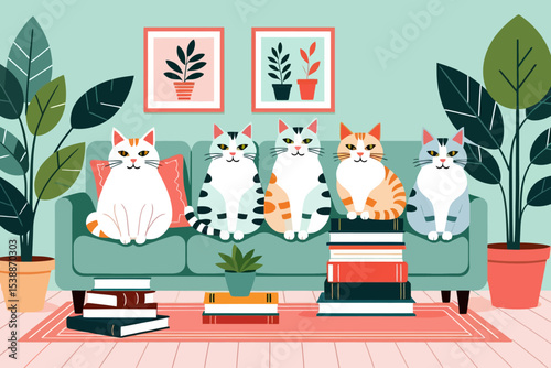 Cute Cats on Couch with Plants and Books- Whimsical Feline Illustration- Cartoon Cat Family Relaxing at Home- Cozy Interior Decor- Digital Art for Cat Lovers