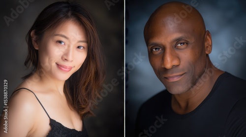 Side-by-side portraits of a smiling woman in a black lace camisole and a composed bald man in a black t-shirt, set against soft, blurred dark backgrounds, 