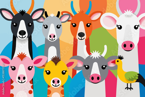 Wallpaper Mural Cute Colorful Cartoon Cows-Animal Illustration-Farm Animals-Playful Graphic Design-Kids Art-Whimsical Artwork-Bright Palette-Vector Illustration Torontodigital.ca